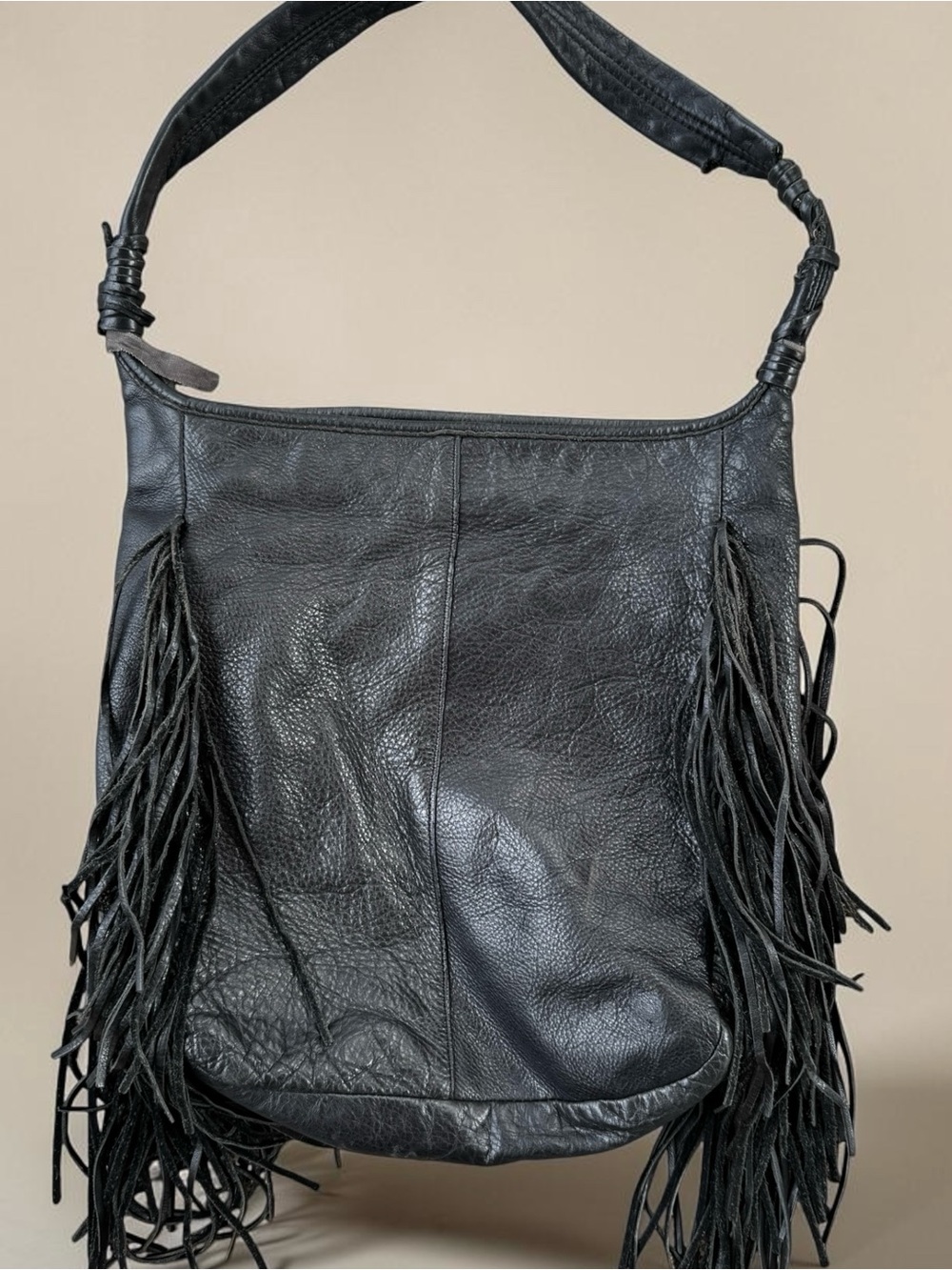 Margot Black Fringe Leather Shoulder Bag Hobo Soft Pebble Leather Slouch - Picture 2 of 4
